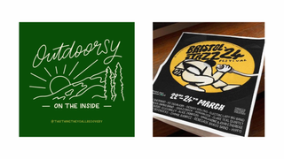 Two different artworks: one is a line drawing of trees and sun with text reading 'Outdoorsy on the inside' in green. The other is a poster for Bristol Jazz Festival in yellow and black.