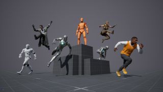 Free Unreal Engine 5 animation pack; character models jumping over blocks