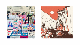 Two images from Instagram posts: a man and a woman with their illustrated products for sale at an art fair; and a vintage-looking illustration of someone in a small boat down a river in a valley, with a red sky