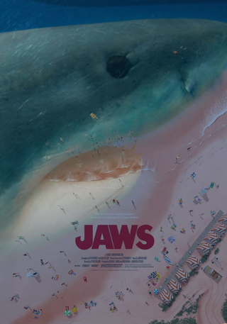 image of a great white shark overlayed on the Jaws poster for visual context