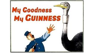 Painted poster showing zookeeper and ostrich with a pint of Guinness stuck in its throat