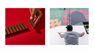 Two graphic design works by Mustaali Raj: a KitKat Iftar bar with 30 sections on a red background; and a mural being painted on a wall in bright colours by a man.