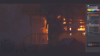 Using Blender to create atmospheric concept art of a man rescuing a child from a burning building, by Nenad Nacevic
