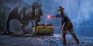 Best CGI creature design; a t-rex confronts a man waving a flare