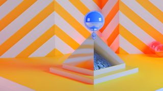 Abstract 3D scene involving striped pyramid and blue sphere