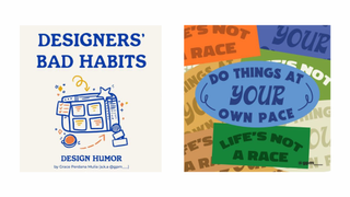 Two Instagram posts: on the left, a graphic describing 'Designers' bad habits' with a simple sketch of hands designing something. On the right, an overlay of different stickers saying 'Do things at your own pace'