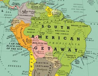 Close-up of map with song titles replacing place names in South American countries such as Brasil