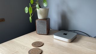 My Mac mini next to a speaker with a plant on top of it.