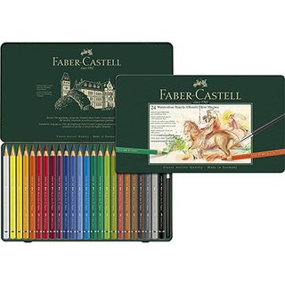 The best watercolour pencils include a dark green tin of colour pencils