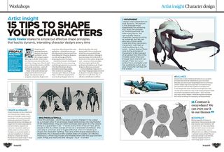 Double-page spread of a workshop from ImagineFX 242 with the heading '15 tips to shape your characters', selection of concepts of ships and figures by the artist Hardy Fowler.