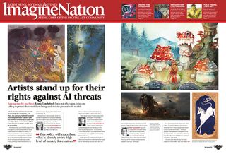 Double-page spread of news feature from ImagineFX 242, with the heading 'Artists stand up for their rights against AI threats'