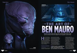 Double-page spread, interview from ImagineFX 242 with the heading 'The art of Ben Mauro', creature and Master Chief concepts from Halo.