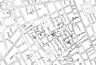 Part of Dr John Snow's cholera map, showing London streets in the Soho area with Broad Street in the centre. This is a black and white map, with shaded areas showing households with cholera.