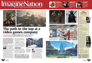 Double-page spread of news feature from ImagineFX 244, with the heading 'The path to the top at a video games company'