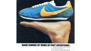 Ad showing Nike waffle trainer balancing on upturned foot