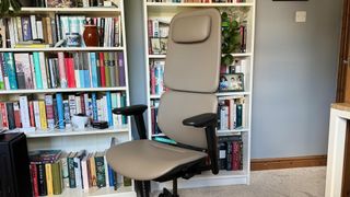 The brown leather Boulies Fit Pro in front of a book shelf.