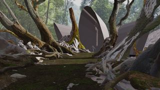 Blocking out an early scene of a forest and temple using 3D shapes.