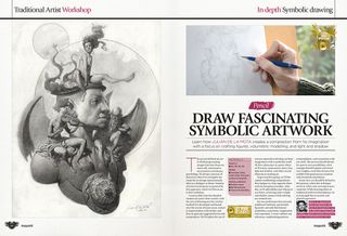 Double-page spread of a traditional workshop from ImagineFX 244 with the heading 'Draw Fascinatating Symbolic Artwork', an illustration depicting demons playing musical instruments by Julián De La Mota.