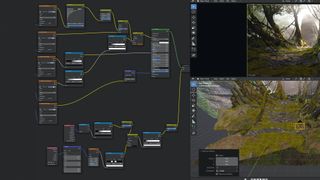 Complex diagram showing nodes in Blender and close-ups of moss on the forest floor.