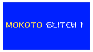 White and yellow text on a blue background displaying the font Mokoto Glitch 1.