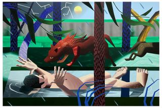 NFTs, digital art and traditional art trends; a painting of a man in a swimming pool and dogs