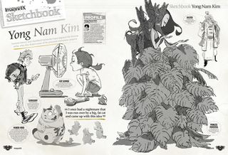 Double-page spread, sketchbook from ImagineFX 244 with the heading 'Yong Nam Kim', showcasing a selection of sketches from happy cats to a lady with a foliage dress.