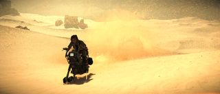 Star Wars Outlaws review; a woman rides a hover bike over a desert