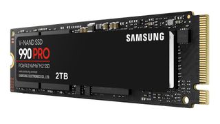 Samsung 990 Pro SSD angle view on white background