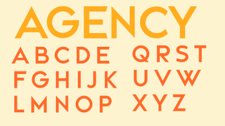 Yellow and orange text displaying the decorative font Agency on a light yellow background.