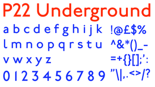 Red text and blue text displaying the sans serif font P22 Underground on a white background.