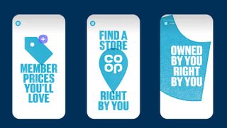 Three smartphone screens showing visual assets for Co-op