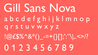 White text displaying the sans serif font Gill Sans Nova on a muted red background.