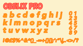 Red text with a dark red outline and orange text with a dark orange outline displaying the decorate font Obelix Pro on a beige background.