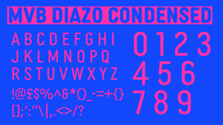 Pink text and blue text on a pink highlight displaying the decorative font MVB Diazo Condensed on a blue background.