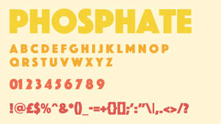 Yellow, orange, light red and dark red text displaying the decorative font Phosphate on a beige background.