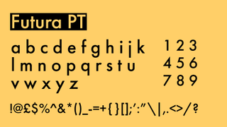 Black text and yellow text with a black highlight displaying the sans serif font Futura PT on a yellow background.