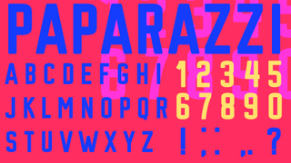 Blue and yellow text displaying the decorative font Paparazzi on a bright pink background with background overlays in large pink text.