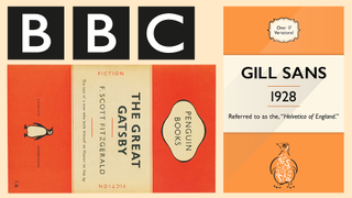 An art board displaying three images showing Gill Sans used in the BBC's logo, by Penguin Books and by Adobe Behance.