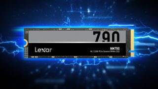 Render of Lexar NM790 solid state drive against dynamic electronics-themed background