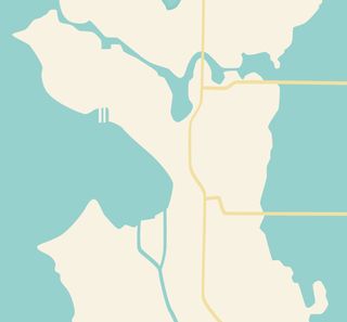 map illustration of the basic rivers, main roads and trainlines of Seattle