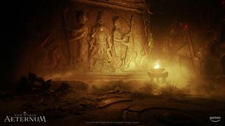 Amazon New World Aeternum; stone carvings on a wall under torchlight