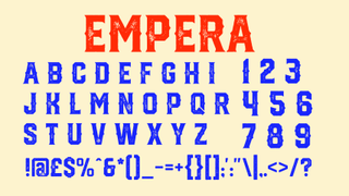 Red and blue text displaying the decorative font Empera on a cream background.