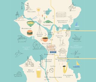 half coloured in illustrated map on Seattle, with some food items in colour and a saxophone