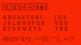 Red text and dark red text displaying the decorative font University on a red background.