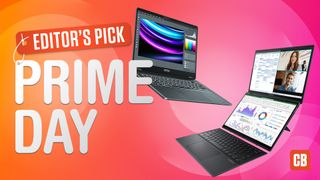 Two laptops on an orange/red background next to the letters Editor's Pick Prime Day