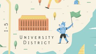 university district on an illustrated map with a building and blue team mascot holding a flag