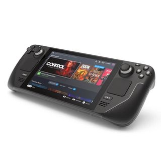 Best games console; a Valve Steam Deck black handheld console on a white background