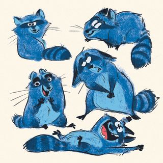 drawing exercises showing a blue racoon