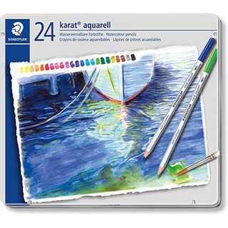 The best watercolour pencils include a tin of watercolour pencils depicting a river and board scene