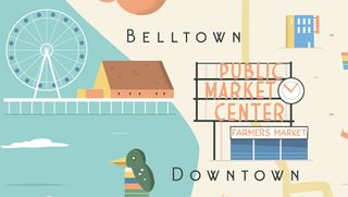 illustrated map with 'public market center' farmers market' next to downtown and an illustration of a wheel and a duck